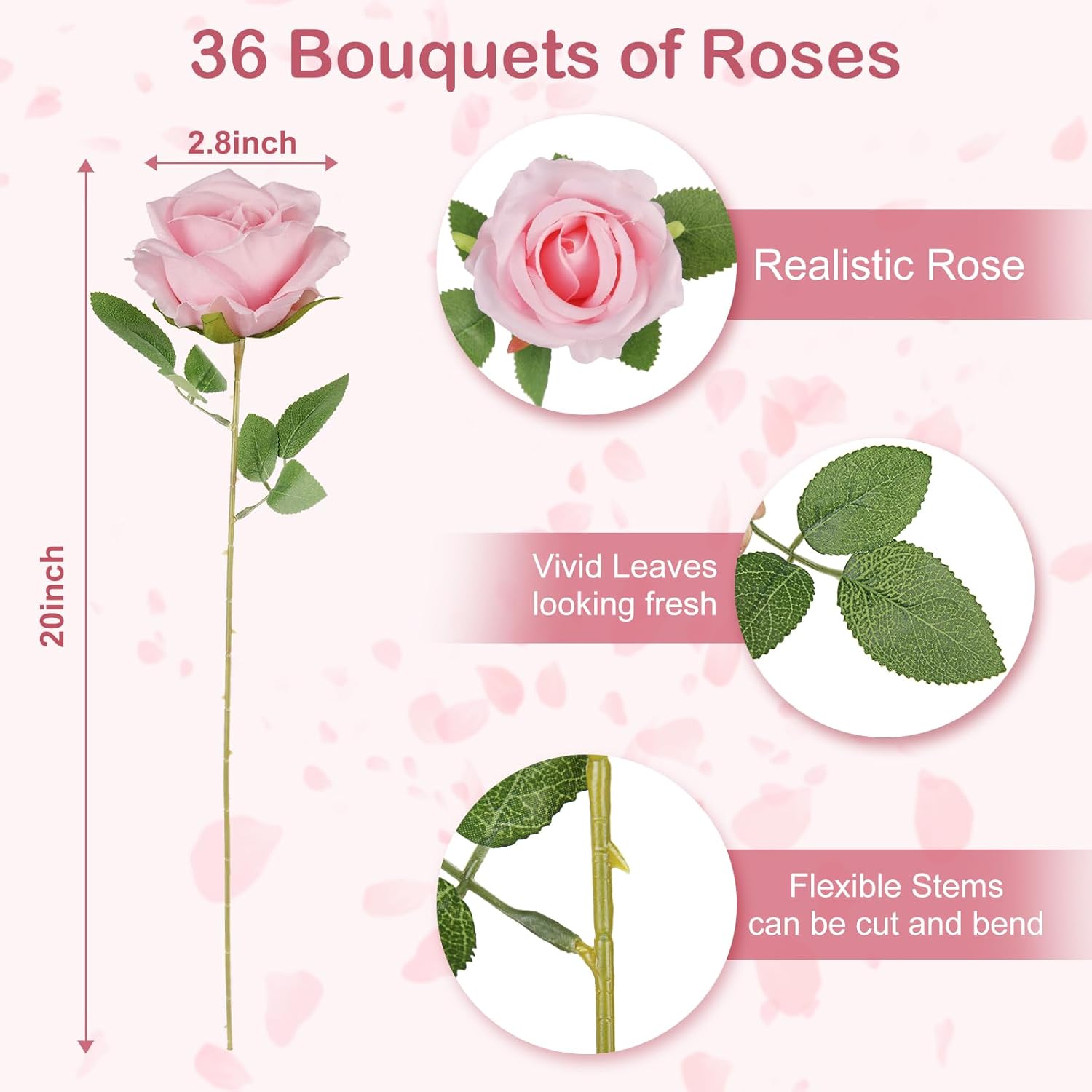 36PCS Fake Roses Artificial Silk Flowers Artificial Roses with Long Stems - Pink Roses Faux Silk Roses Bulk, Realistic Roses Bouquet for Home Wedding Centerpieces Decoration Party Decor - Image 3