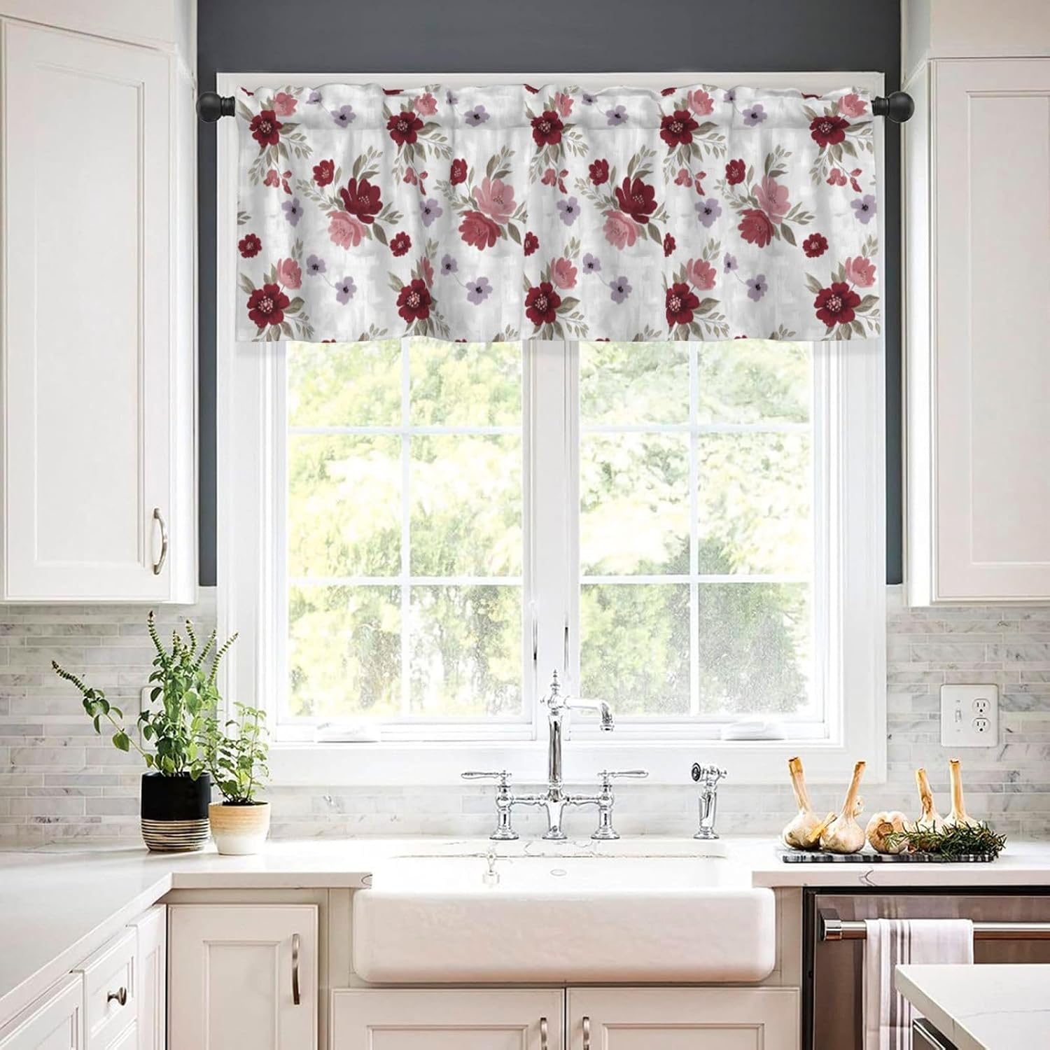 Valance for Windows Vintage Red Pink Purple Flower Short Curtains Rod Pocket Window Treatment for Kitchen Living Room Bedroom Bathroom Decor 1 Panel, 54x18in