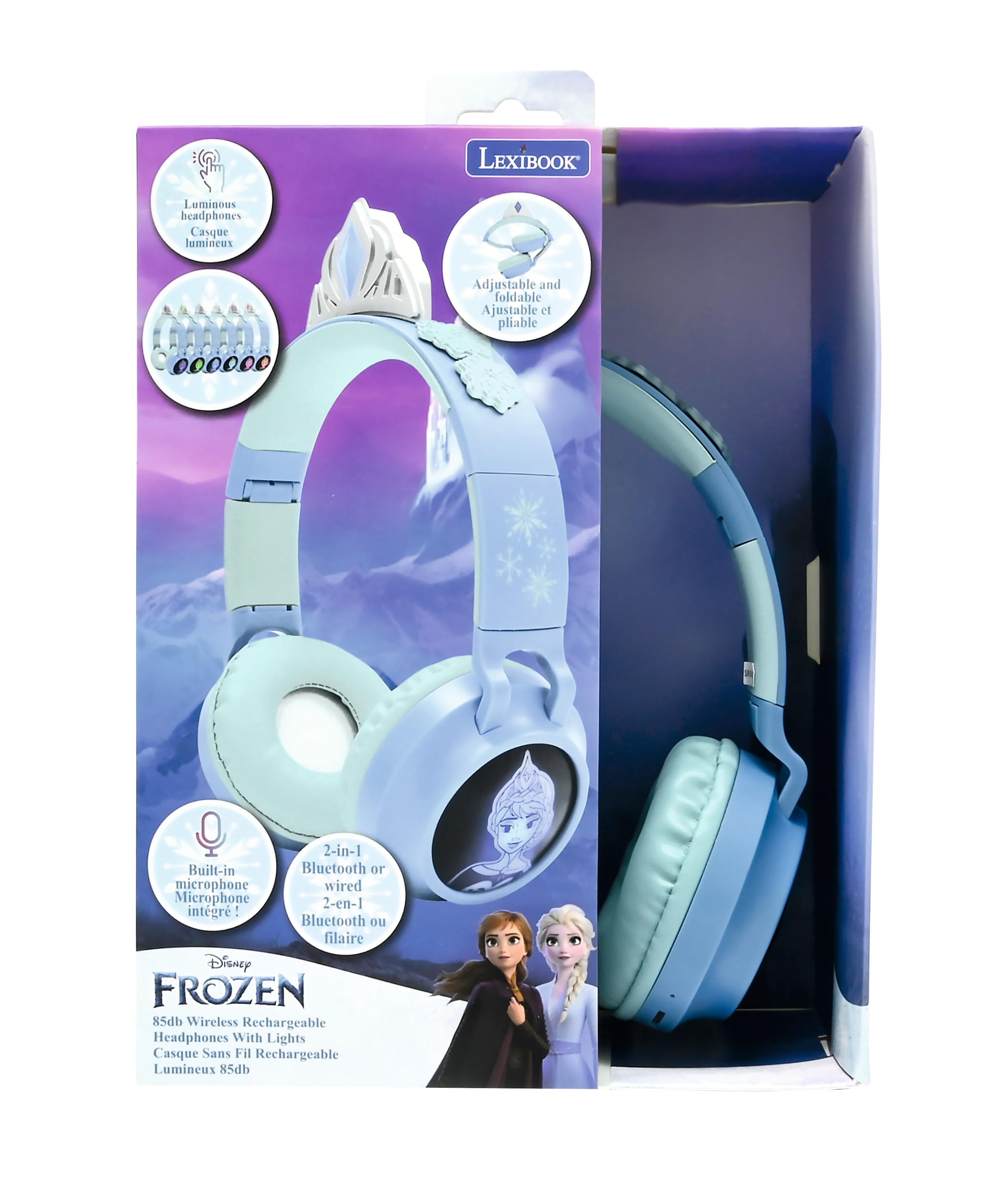 Lexibook, Frost, 2-1 Drahtlose und kabelgebundene Kopfhörer mit Prinzessin Tiara, hochwertiger Klang begrenzt auf 85 dB, Lichteffekte, faltbar, einstellbar, wiederaufladbar, HPBT015FZ