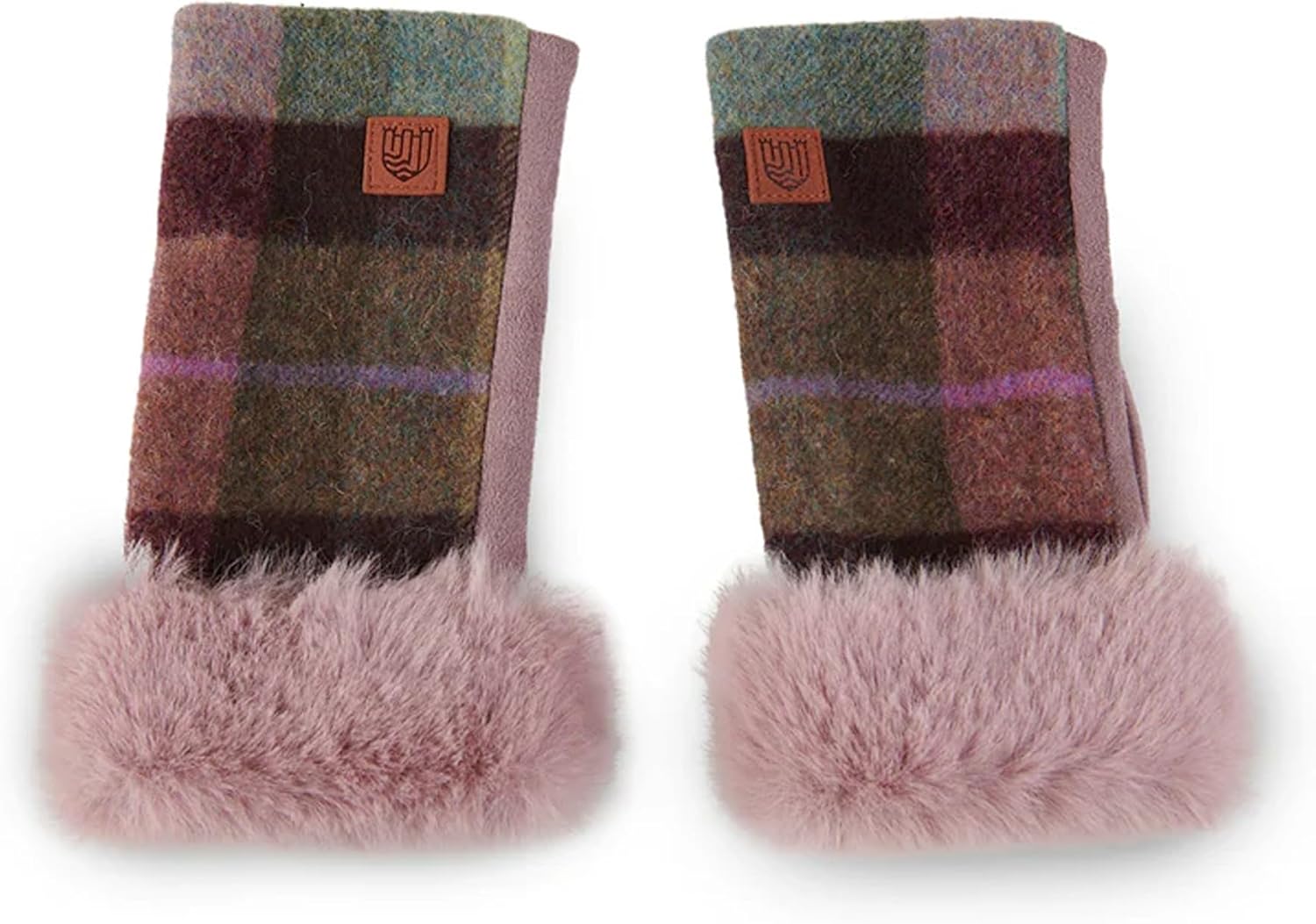 Islander Lambswool Tartan Mittens with Faux Fur Cuff and Fleece Underside (7.28” x 3.54”) (Pink Green Tartan)