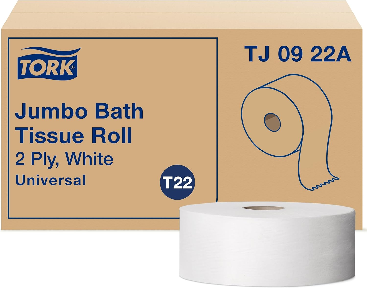 Tork TJ0922A Jumbo Toilet Paper Rolls, 2-Ply Universal White, 12 x 1000 ft Bulk Commercial Bath Tissue