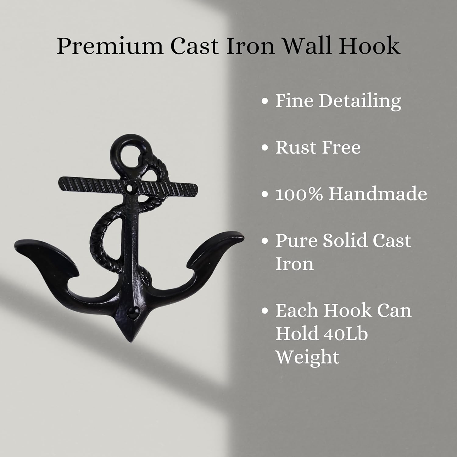 Set of 3 Cast Iron Anchor Shape Coat Hooks Wall Art Decor-Anchor Shape Hangers and Key Holder-Clothes Rack and Backpack Hanger-Coat Hooks Home Decor for Storage, Living Room,Hallway (Black)