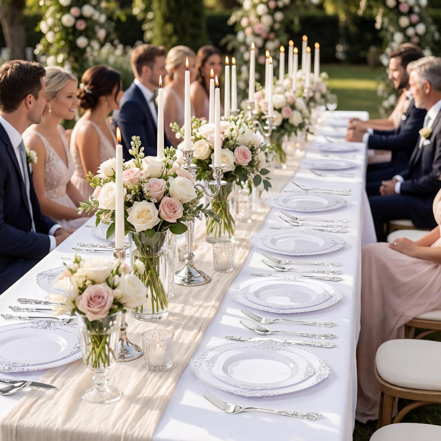 102PCS White and Silver Plastic Plates - Heavyweight Silver Plate - Wedding Plate with Silver Rim - Fancy Dinner & Dessert Plates for 51 Guests Weddings & Parties - Image 9