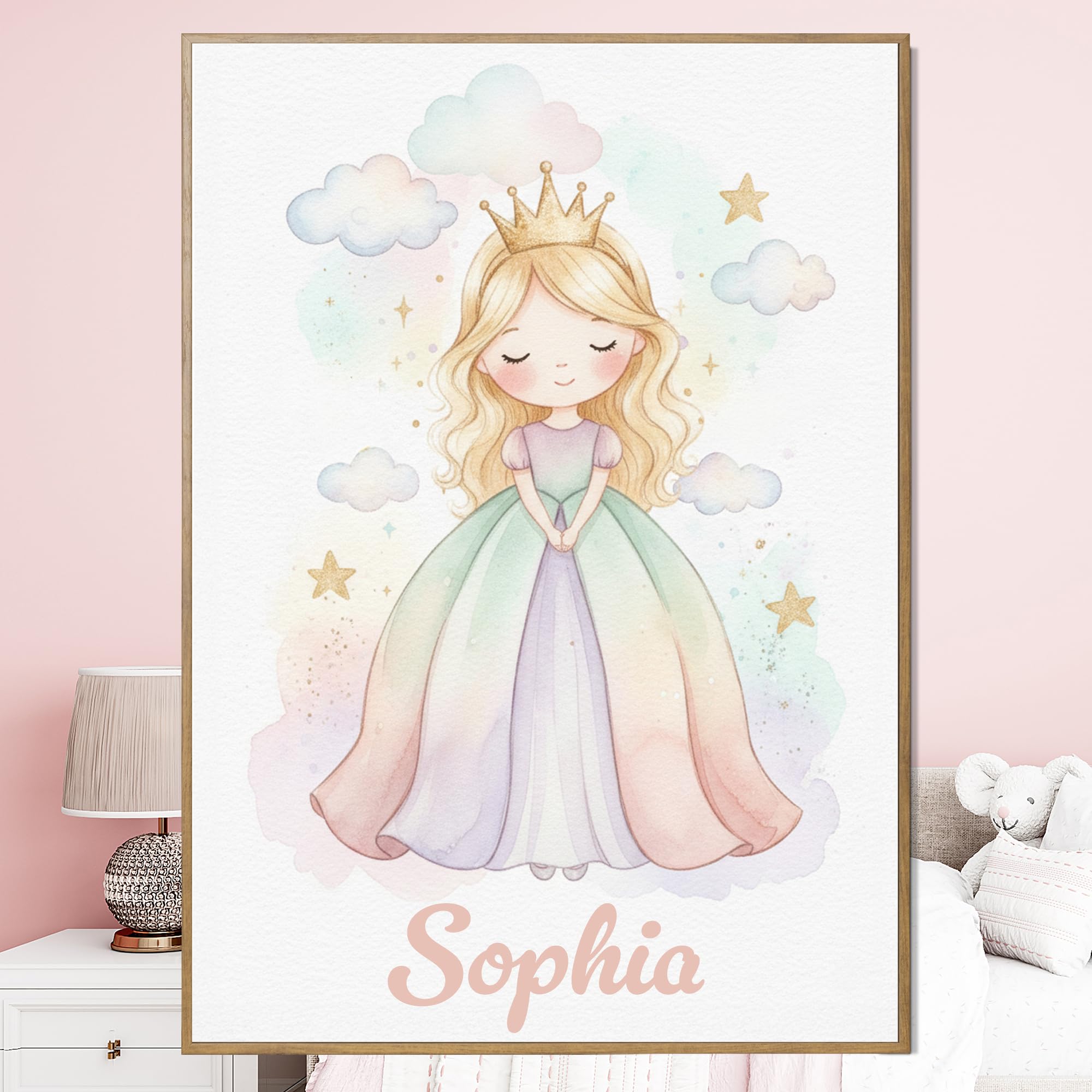Poster personnalisé prénom Princesse avec ou sans Cadre pastel aquarelle personnalisation féérique fille Affiche Toile ou Plexiglas – Cadeau Naissance Anniversaire Noël Chambre enfant (Blonde)