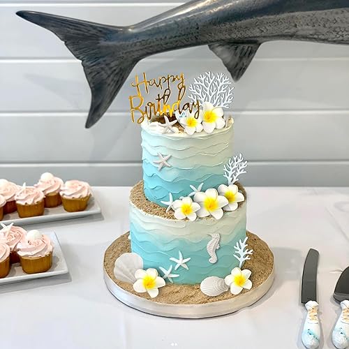 Miniatura 7 de 21 piezas de decoración de pastel de flores hawaianas con estrellas de mar artificiales de plumeria para Hawaii Aloha tema de verano, boda,