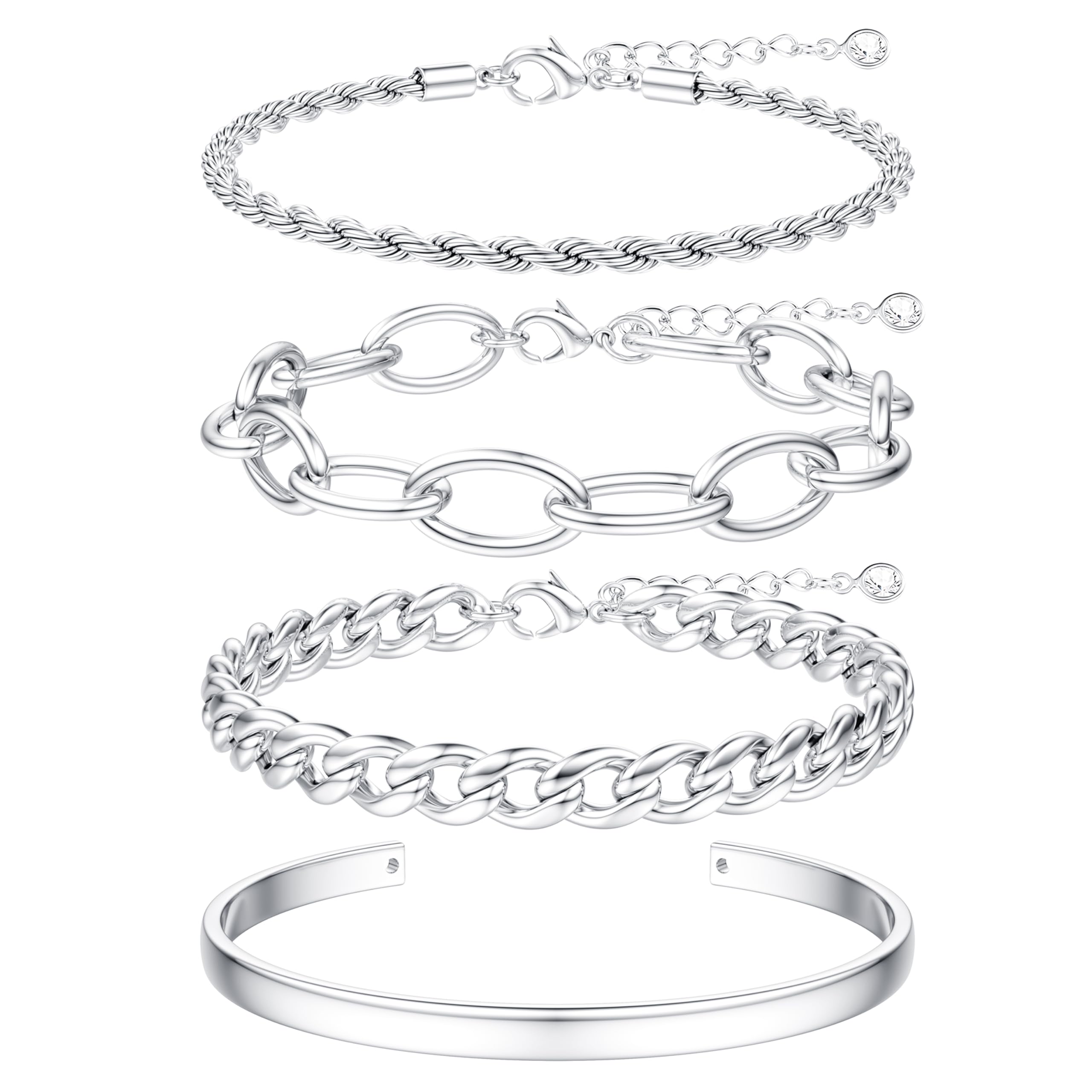 Chunky Silver Plated Braceletss for Women Non Tarnish, Womens Silver Plated Bracelets Stack Layered Chunky Chain Bracelets Waterproof Bangle Cuff Bracelet Mothers' Day Jewelry Gifts