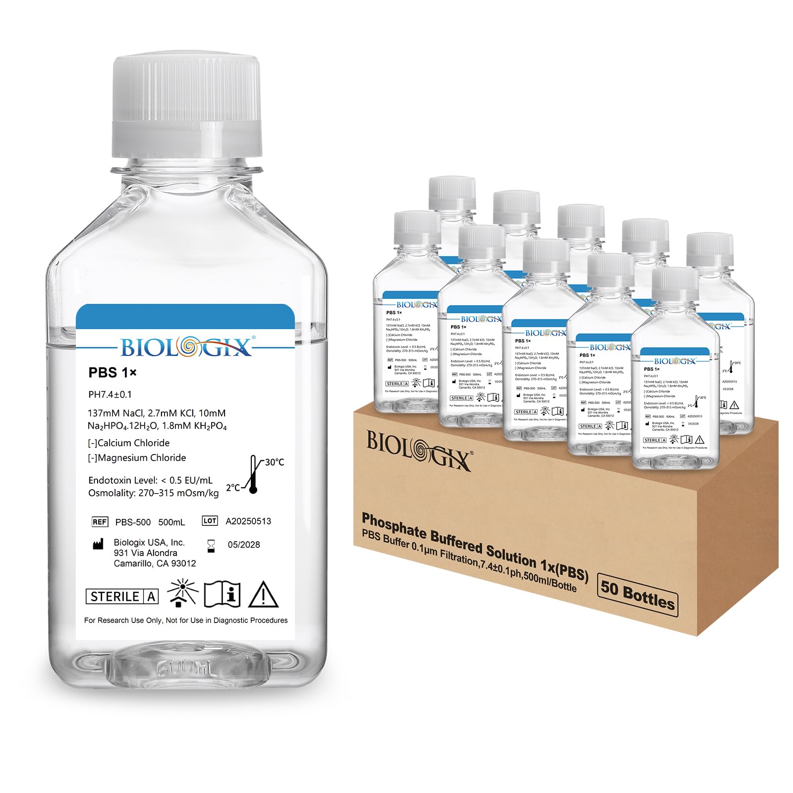 Phosphate Buffered Saline 1X, PBS Buffer 0.1um Filtration, 7.4pH, Sterilize, Reay to use Buffer for Laboratory, 500ml/Bottle, 50 Bottle/Case