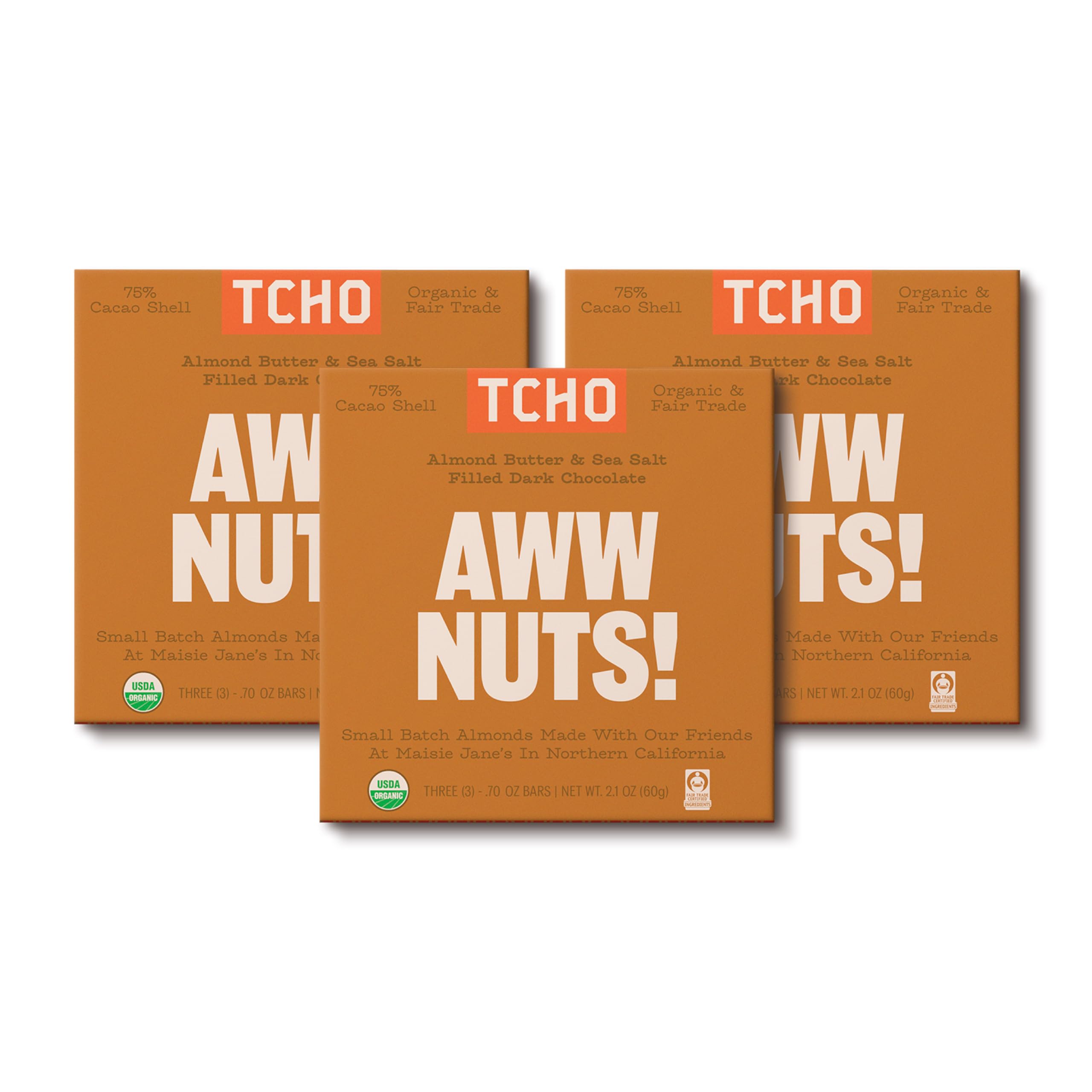Aww Nuts! 75% Dark Chocolate Bars (3 pack) | Plant Based, Organic & Fair Trade | Non GMO, Non-Dairy, Vegan, Soy Free (2.1oz each)
