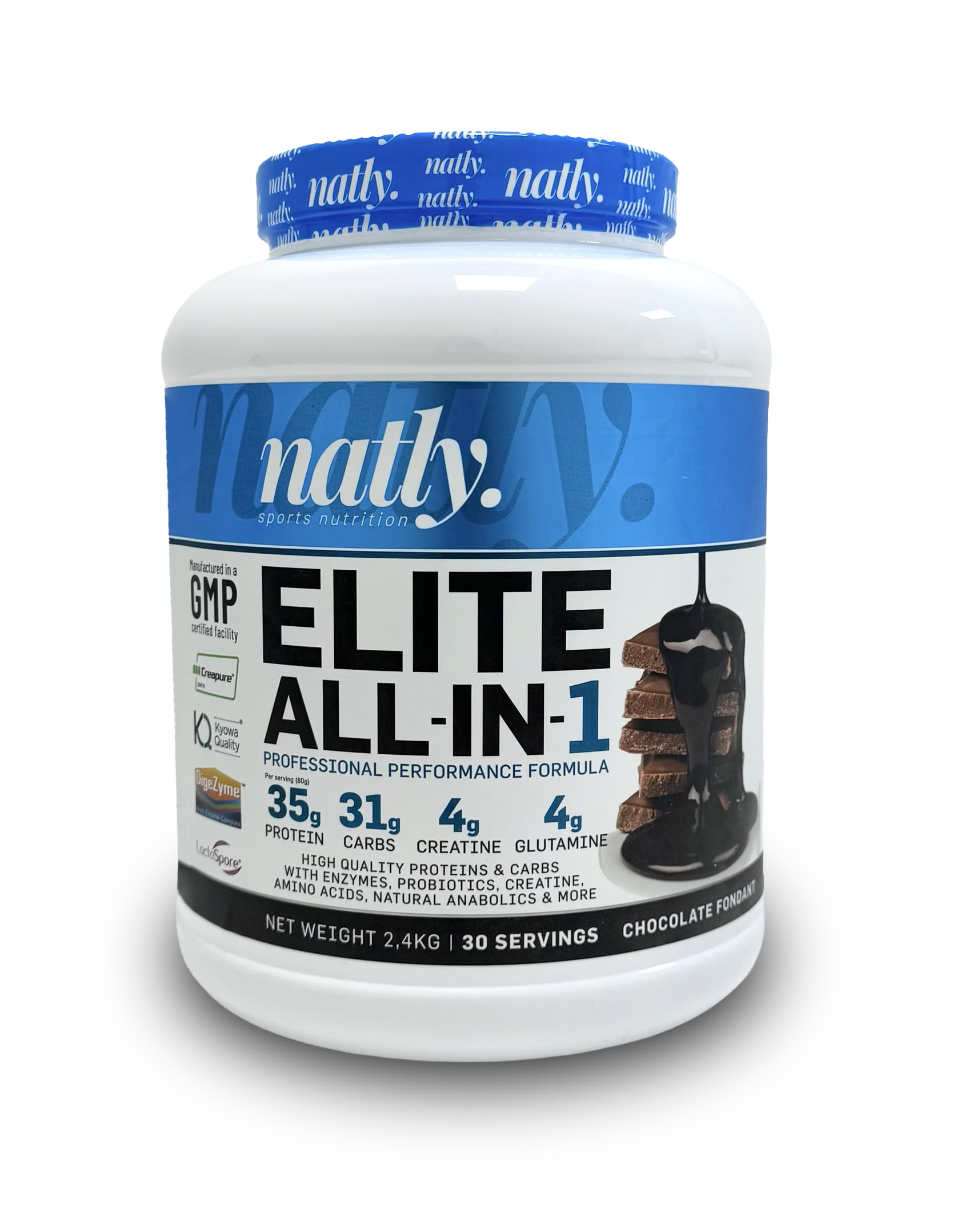 Natly Elite All-in-One 2,4 kg Chocolate | Todo en Uno con Proteína, Creatina Creapure, BCAA, Glutamina, HMB y Probióticos | Fórmula Avanzada Para Masa Muscular y Recuperación | 25+ Ingredientes