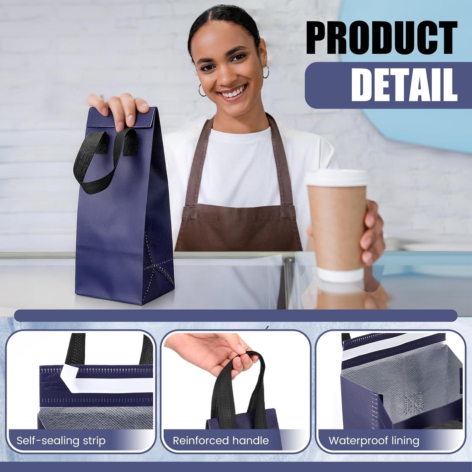 50 Pcs Navy Blue Insulated Single Cup Drink Carrier Bags Bulk Thermal Insulation Take Away Bags Portable Takeout Coffee Carrier Reusable Carriers with Handle for Hot Cold Beverage