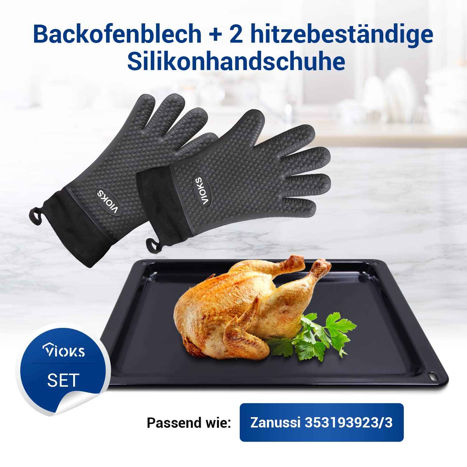 VIOKS Blacha do pieczenia 420 x 370 x 23 mm, emaliowana, zamiennik do Zanussi 3531939233 + 2 silikonowe rękawice kuchenne, odporne na wysokie temperatury i zestaw do piekarnika, akcesoria do pieczenia