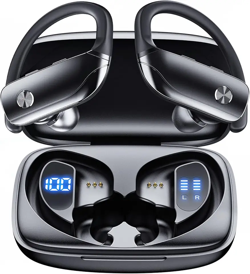 Fones de Ouvido Sem Fio Bluetooth para ReproduçãO Esportiva com Display de Led Fones de Ouvido com Ganchos Fone de Ouvido com Microfone Embutido para Treino Preto (T16)
