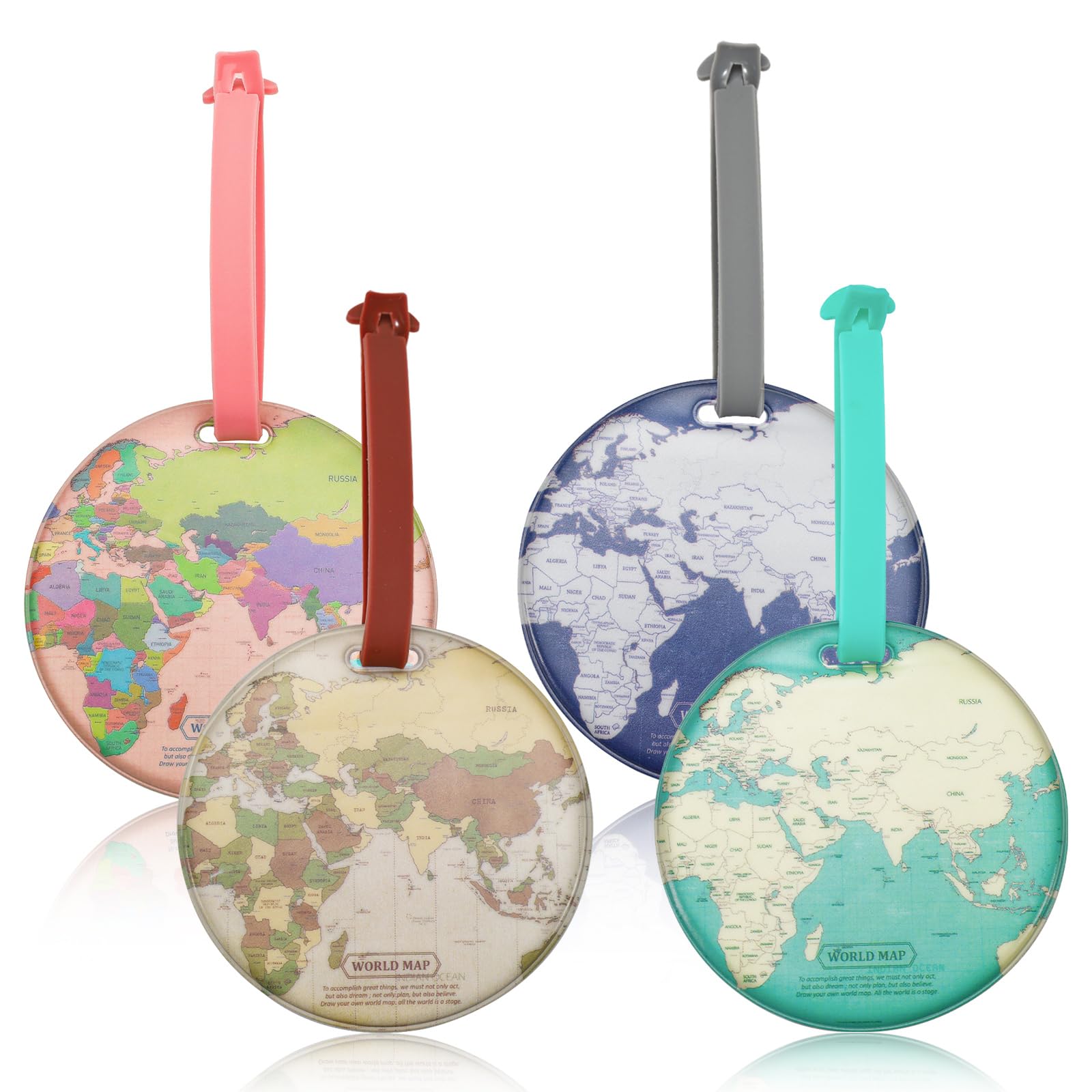 LELE LIFE 4 Pack Unique World Map Luggage Tag, Cute Round Luggage Tags for Suitcases, Travel Name Tag for Baggage Bag Backpack Travel Accessories
