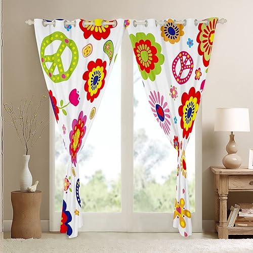 Miniatura 76 de Erosebridal Cortinas retro de los años 60 y 70 de 84 x 63 pulgadas, cortinas opacas rústicas de flores psicodélicas para hombre y mujer, diseño