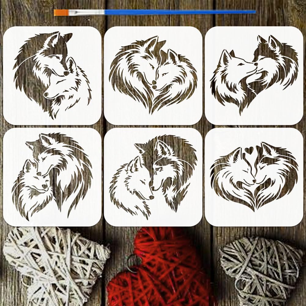 FINGERINSPIRE 6 Pcs Pug Stencils with a Brush 5.9x5.9Inch Dog Stencils Reusable Happy Pug Painting Stencil Cute Dog Stencil Animal Themes PET Template for Wood Floor Tile Wall Fabric Furniture DIY