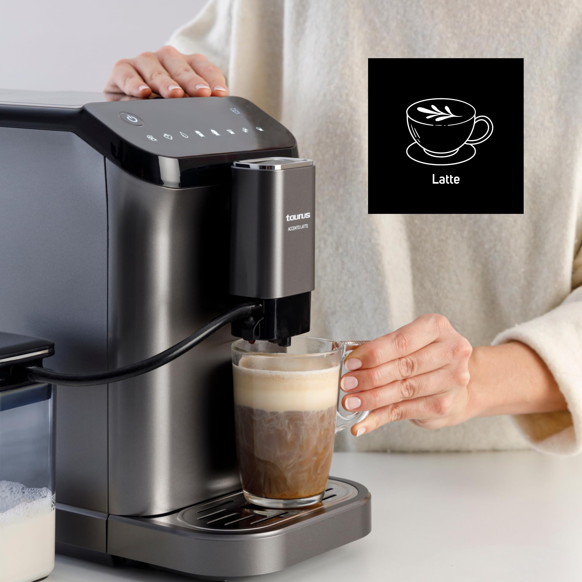 Taurus - Cafetera Accento Latte superautomática | 20 bares | Espresso y Latte | 1350w | 1.5L | Pantalla digital | Limpieza automática | 4 bebidas programables | Depósito de leche conectable