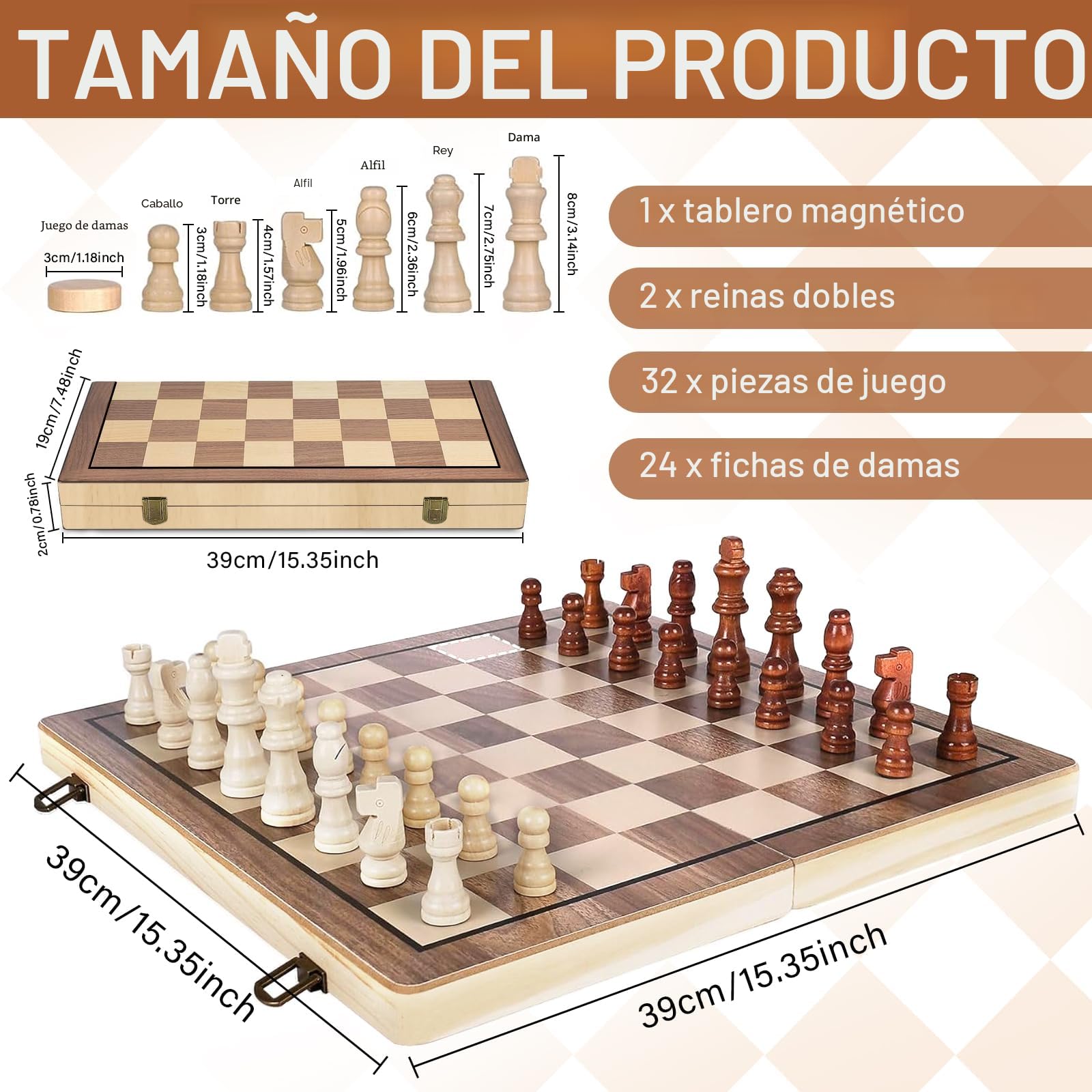 2 En 1 Ajedrez, 39x39cm Juego de Ajedrez,Tablero Ajedrez Magnetico, Tablero Ajedrez Madera Plegable, Diseño Único de Caja, y Fácil de Llevar y Almacenar, Ajedrez y Dama para Niños y Adultos