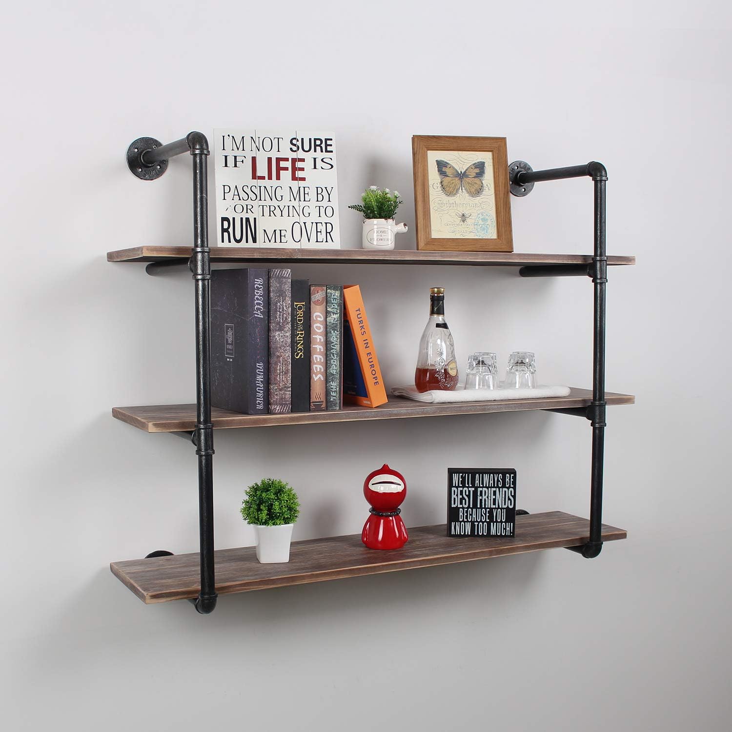 Nеw Arrіvаlѕ TOKIKA Industrial Floating Shelves with Wooden Shelves,3 Tiers Rustic Wall Mounted Shelf Bookcase,Iron Pipe Hung Bracket Bookshelf,DIY Storage Shelving Floating Shelves(48 inch)