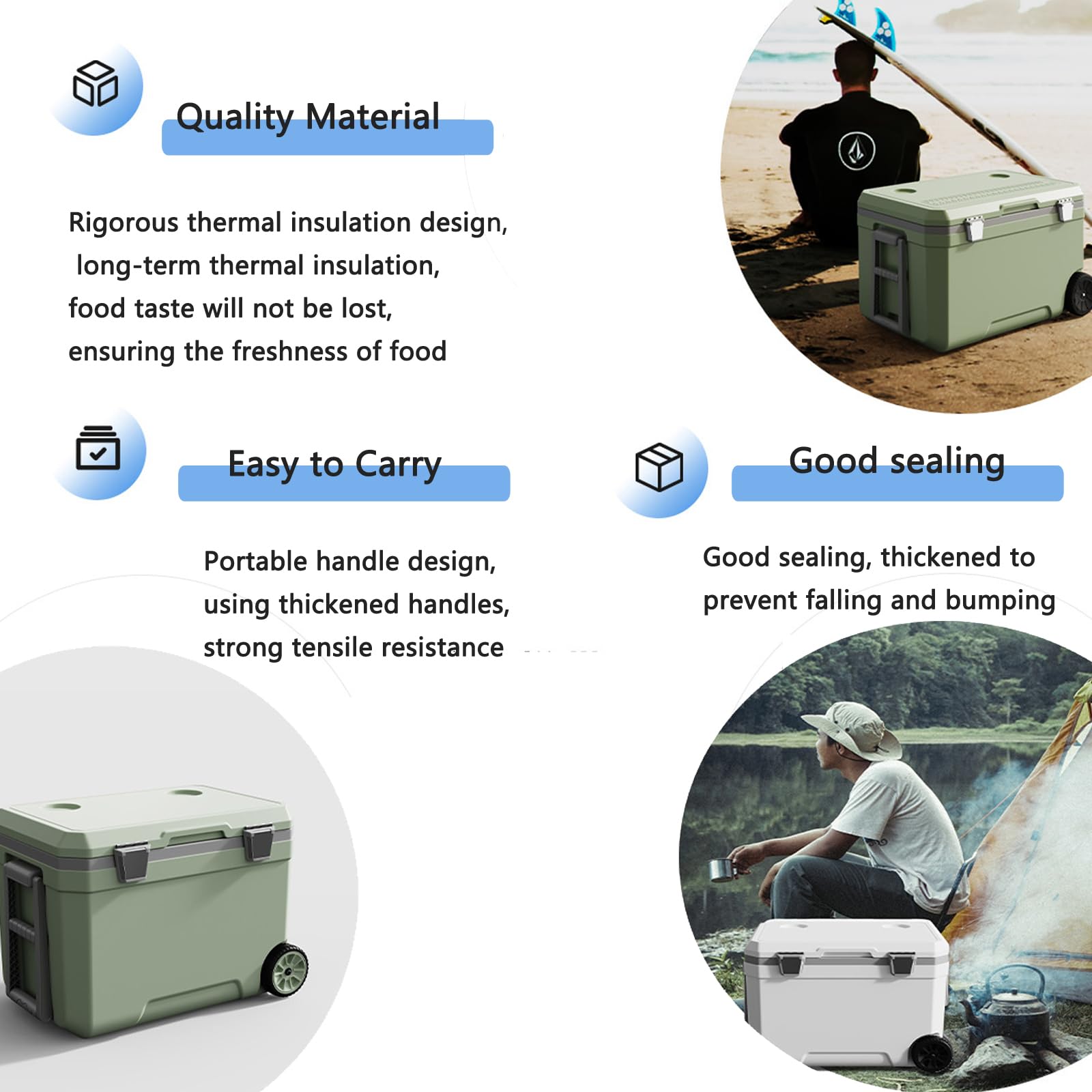 Raffreddatore portatile isolato con ruote, per campeggio e attività all'aperto, non richiede elettricità per refrigerazione e conservazione