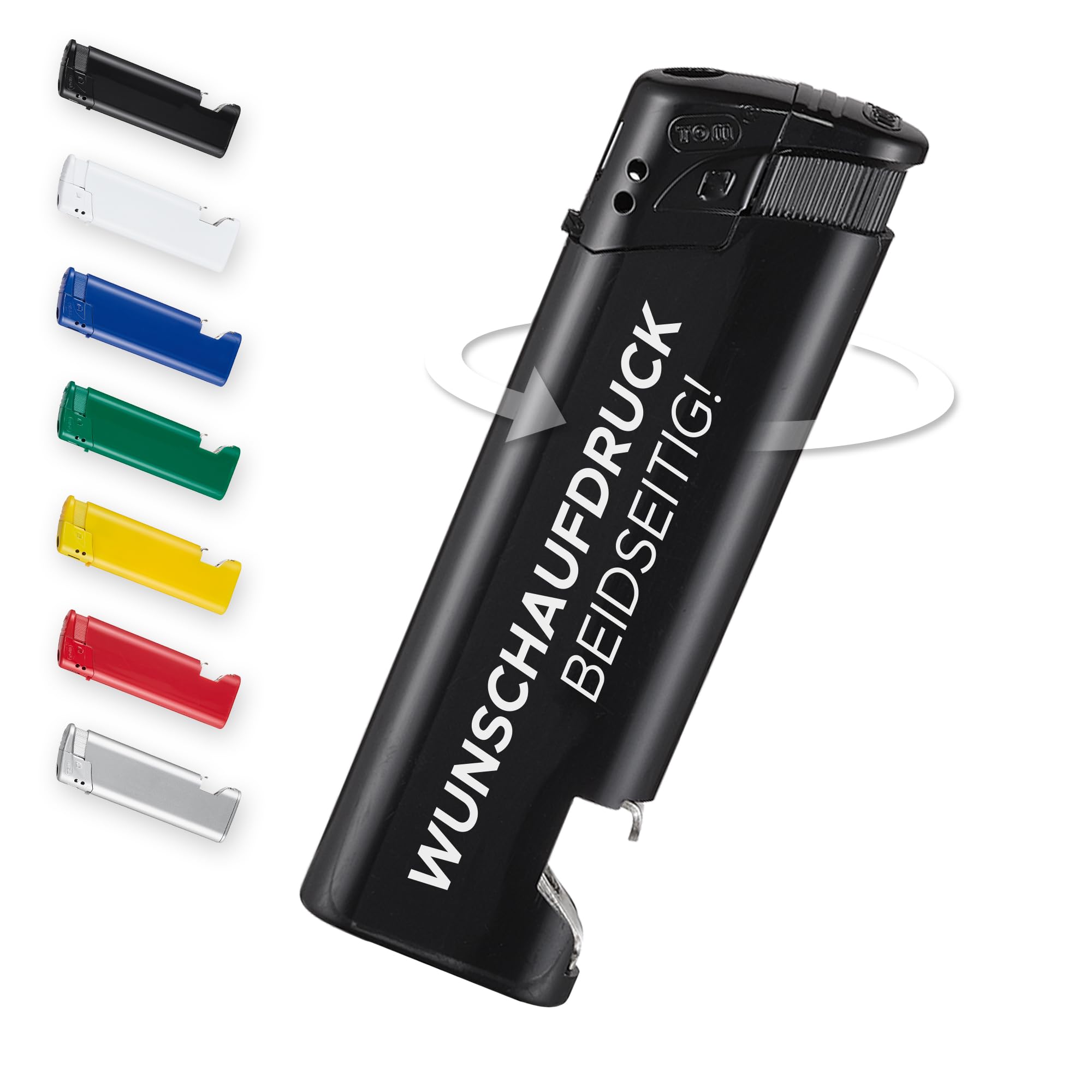 100 Stück Schwarze Feuerzeuge mit Flaschenöffner - Nachfüllbar, robust, personalisiert mit eigenem Logo - Perfekt für Hochzeiten, Messen, Events & als Werbegeschenke