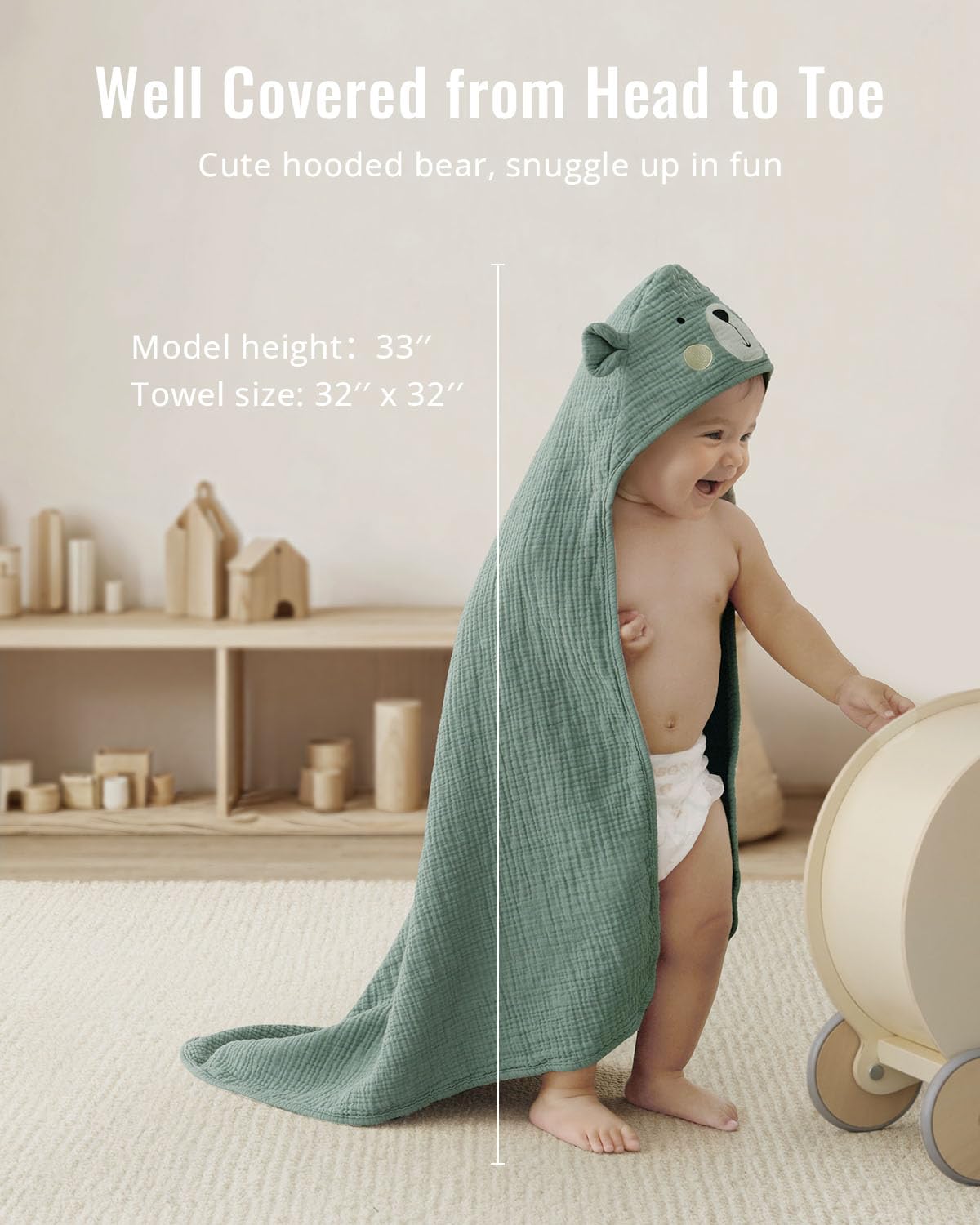 Blissful Diary Muslin Baby Hooded Towel, Soft and Absorbent Bath Towel for Newborn Infant, Toddler, Unisex, 32″x32″ - Smart Bear - Image 4