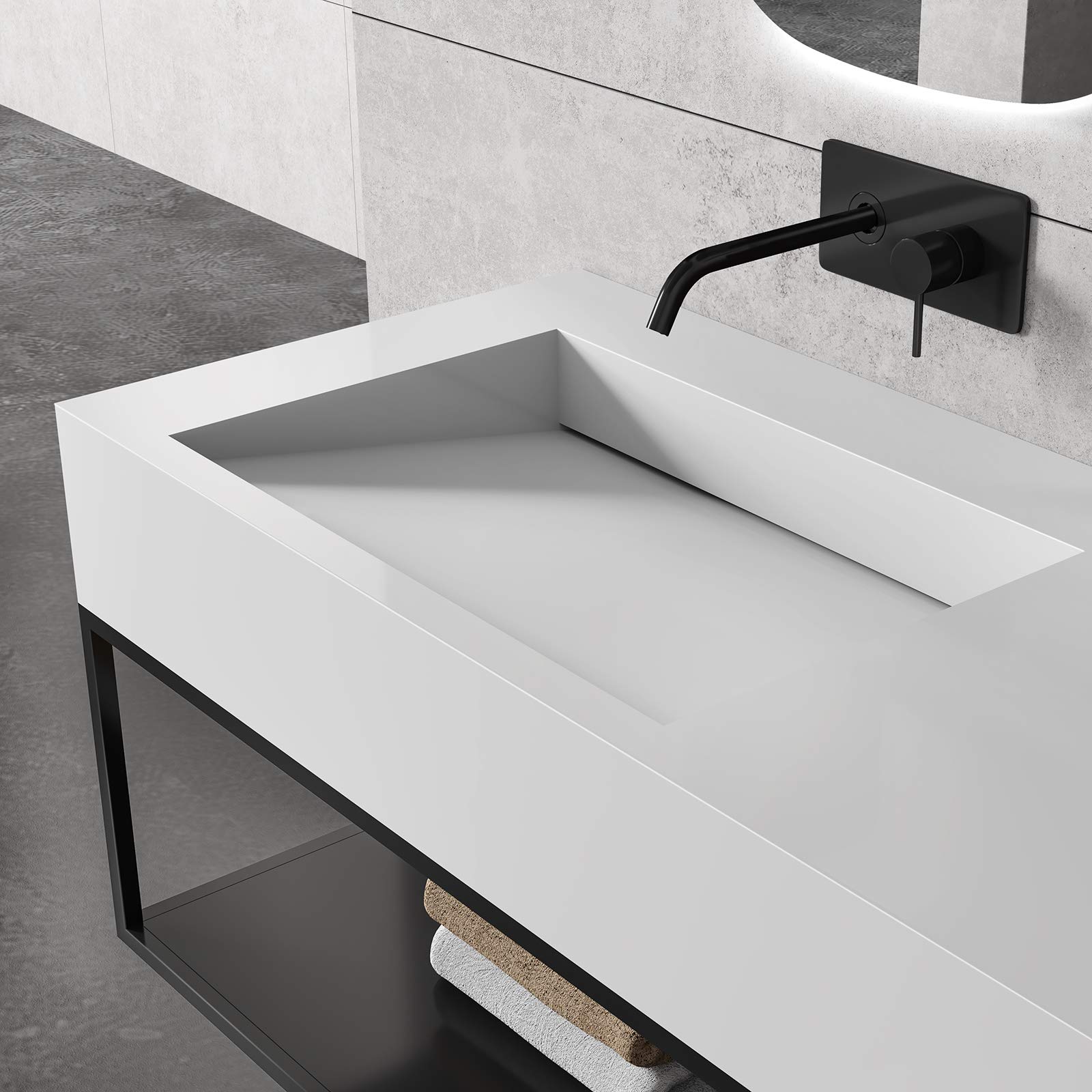 Double vasque à poser ou a suspendre TWG16, en solid surface - 153x45x15cm - couleur en option, Couleur:Blanc mat