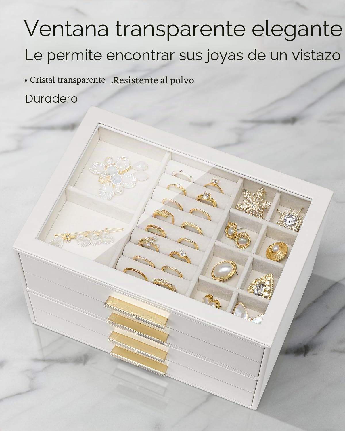 Vlando Joyero grande con 4 niveles, organizador de joyas con tapa de cristal, 4 cajones, para collares, pendientes, relojes, pulseras, almacenamiento de joyas, moderno, Cenicienta Plus, color blanco