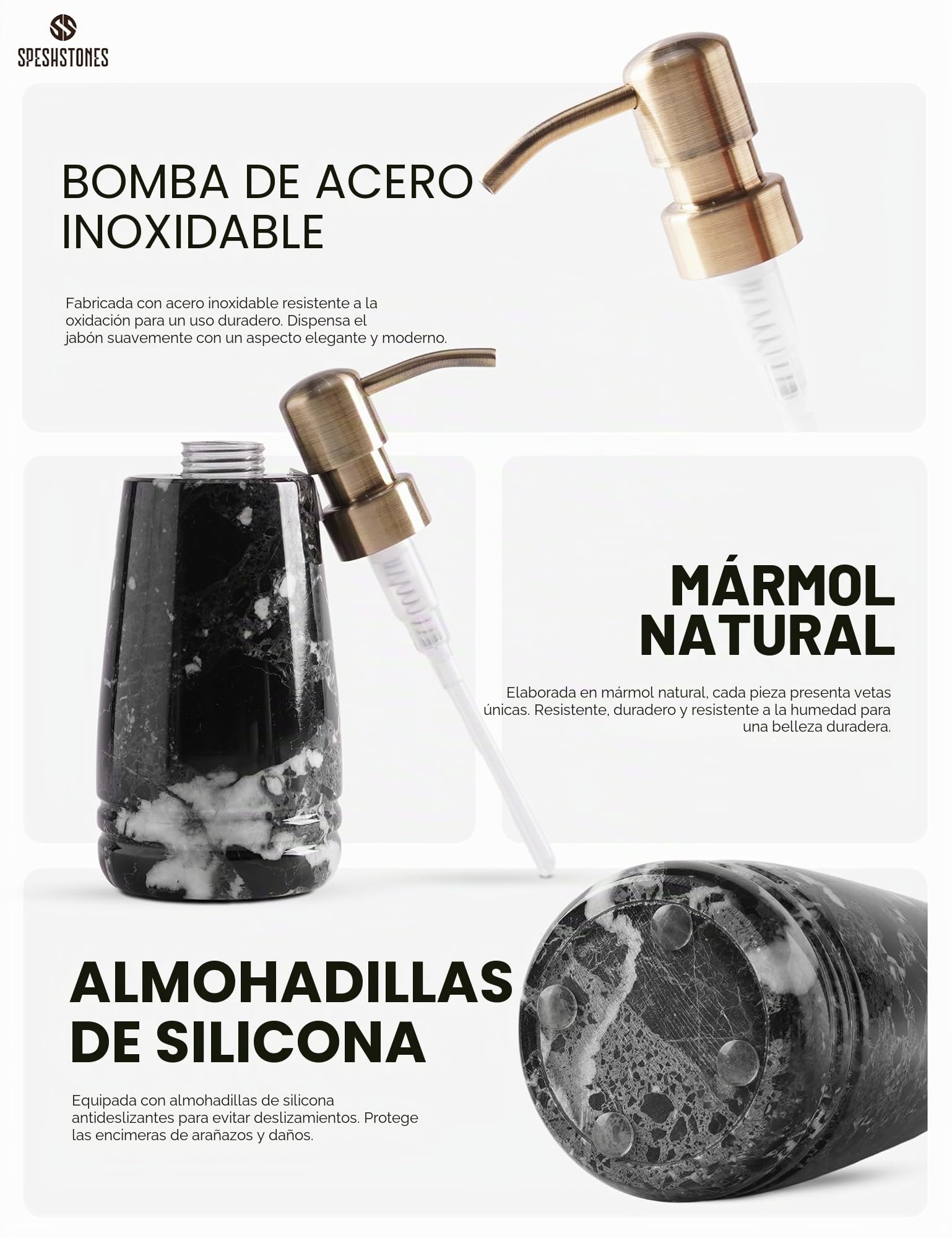 SPESHSTONES - Dispensador de jabón de mármol de 19 cm, color negro para jabón líquido de manos y vajilla para fregadero de cocina, contenedor para desinfectante, loción, champú espumoso para