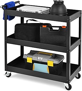 Goplus 3-Tier Service Utility Cart, Heavy Duty Commercial Service Tool Cart w/Lockable Wheels, 330lbs Load Capacity, Ergonomic Handle, Rolling Mechanic Tool Cart Storage Organizer for Warehouse Garage (Black)