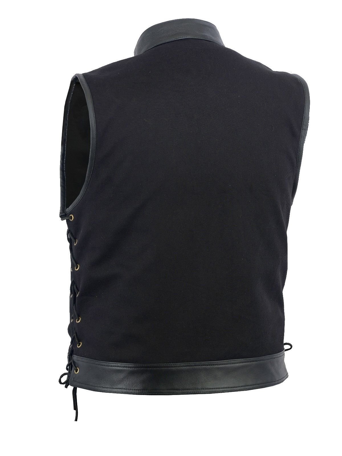 SOA Men's Basic Biker Side lace Leather Trim Denim Waistcoat Motorcycle Vest Snap Closure w/2 Inside Gun Pockets. (XS)