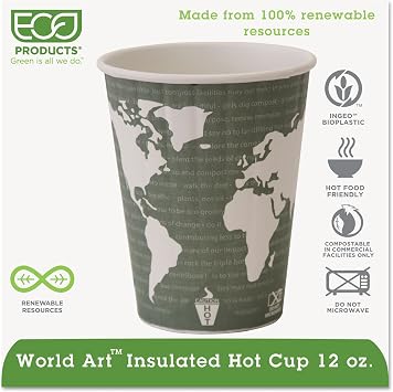 Eco-Products EPBNHC12WD World Art Renewable & Compostable Insulated Hot Cups 12oz, 40/PK, 15 PK/CT