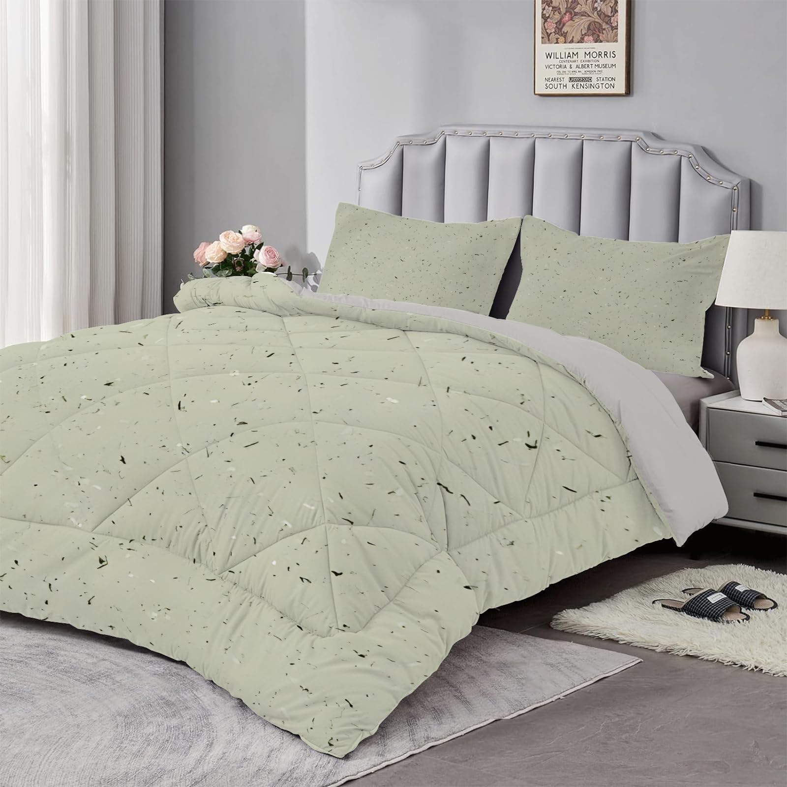Dyausi Sage Green Double Duvet - Coverless Duvet With Matching Pillowcase - Reversible Printed Duvet With Textured Pattern - Lightweight And Washable Duvet Double - Double 200X200cm