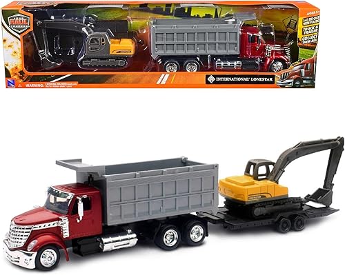 New Ray Toys International Lonestar, camión volquete con excavadora escala 1:43 de 18 pulgadas, DIECAST 16623 rojo