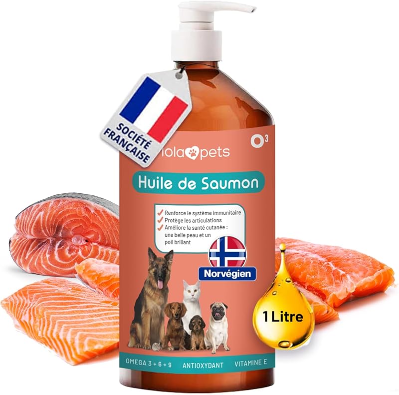 Huile de Saumon pour Chien et Chat 1 Litre - Saumon de NORVÈGE 100% Naturelle - Pressé à Froid - Riche en Omega 3+6+9 et Vitamine E | Pratique doseur (Rouge)
