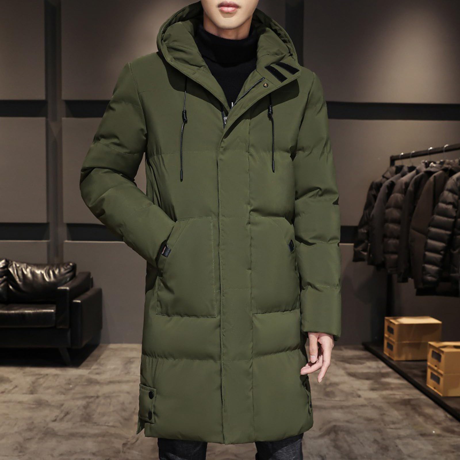 Piumino con cappuccio da uomo, piumino lungo da uomo, parka con cappuccio antivento spesso parka lungo imbottito piumino trapuntato leggero piumino parka giacche lunghe da uomo