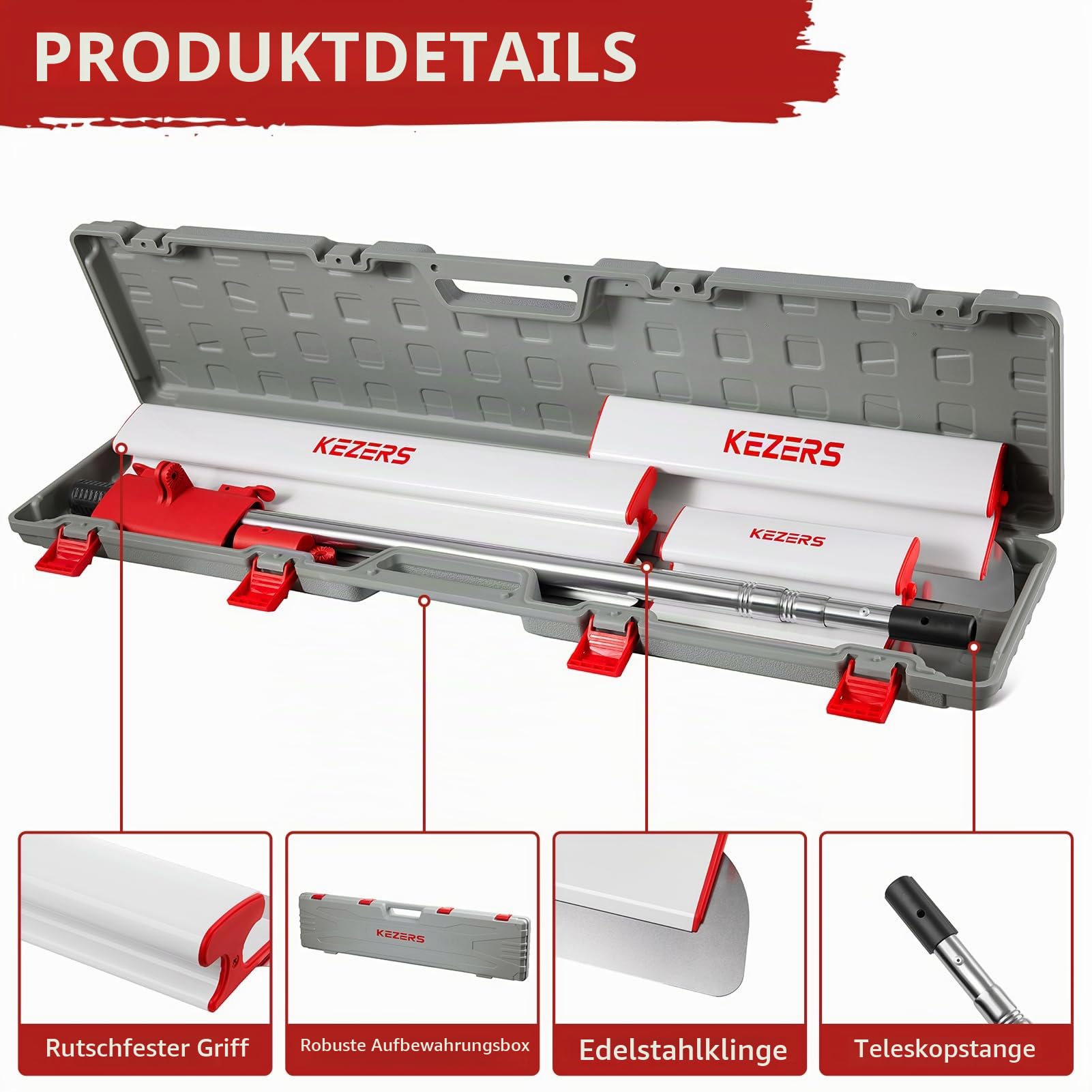 KEZERS Flächenspachtel Set, 20 cm, 30 cm, 40 cm & 80 cm Edelstahlklinge Spachtel Werkzeug mit Teleskopstange und Adapter, Spachtel Set mit Koffer für große Arbeitsbereich Wand Dekoration Bau