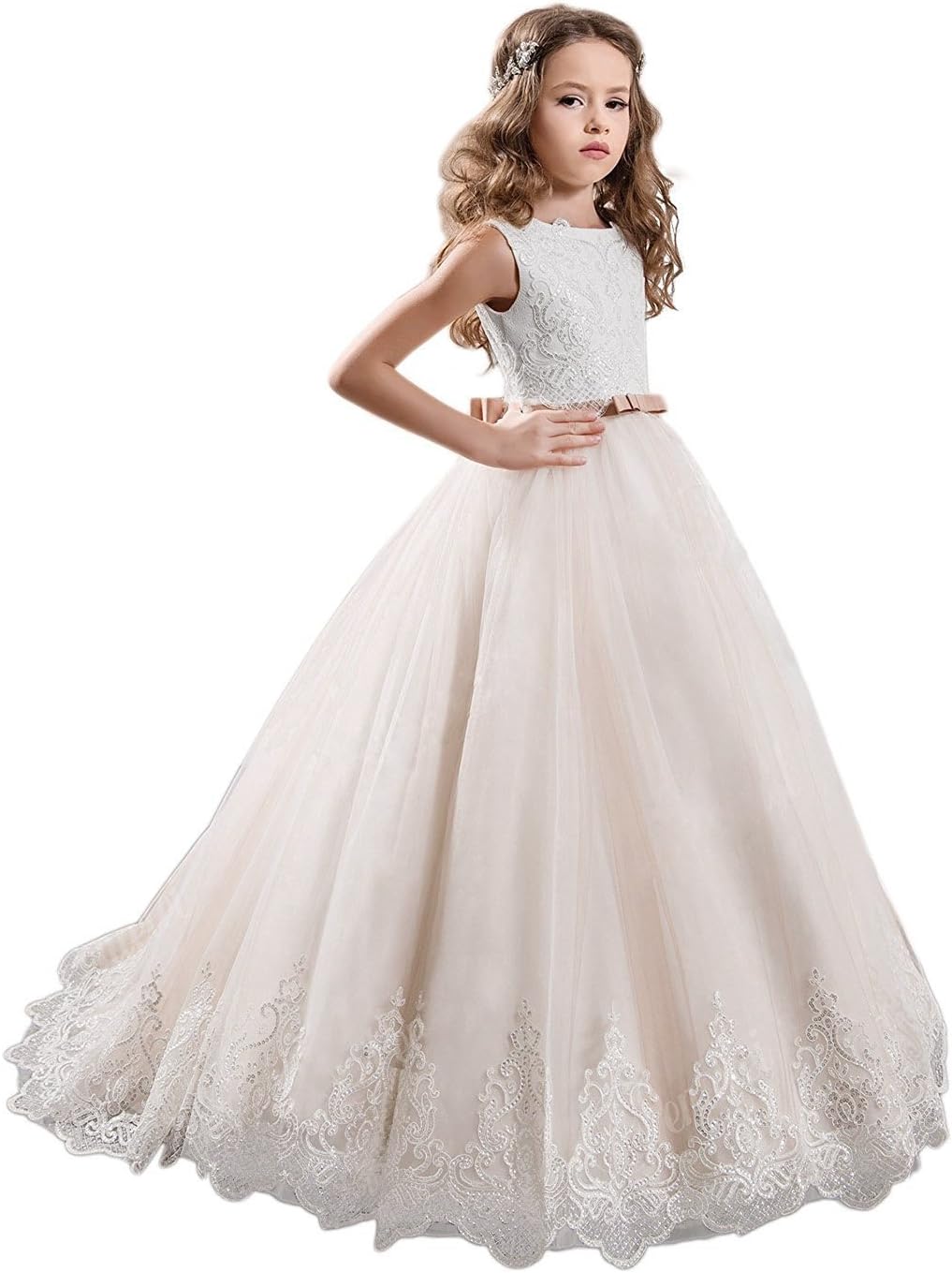 KissAngel White Lace Flower Girl Dresses Champagne