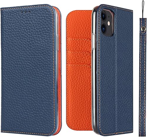 iCoverCase Funda tipo cartera para iPhone 11, funda magnética de piel auténtica con bloqueo RFID, correa para la muñeca y ranuras para tarjetas,