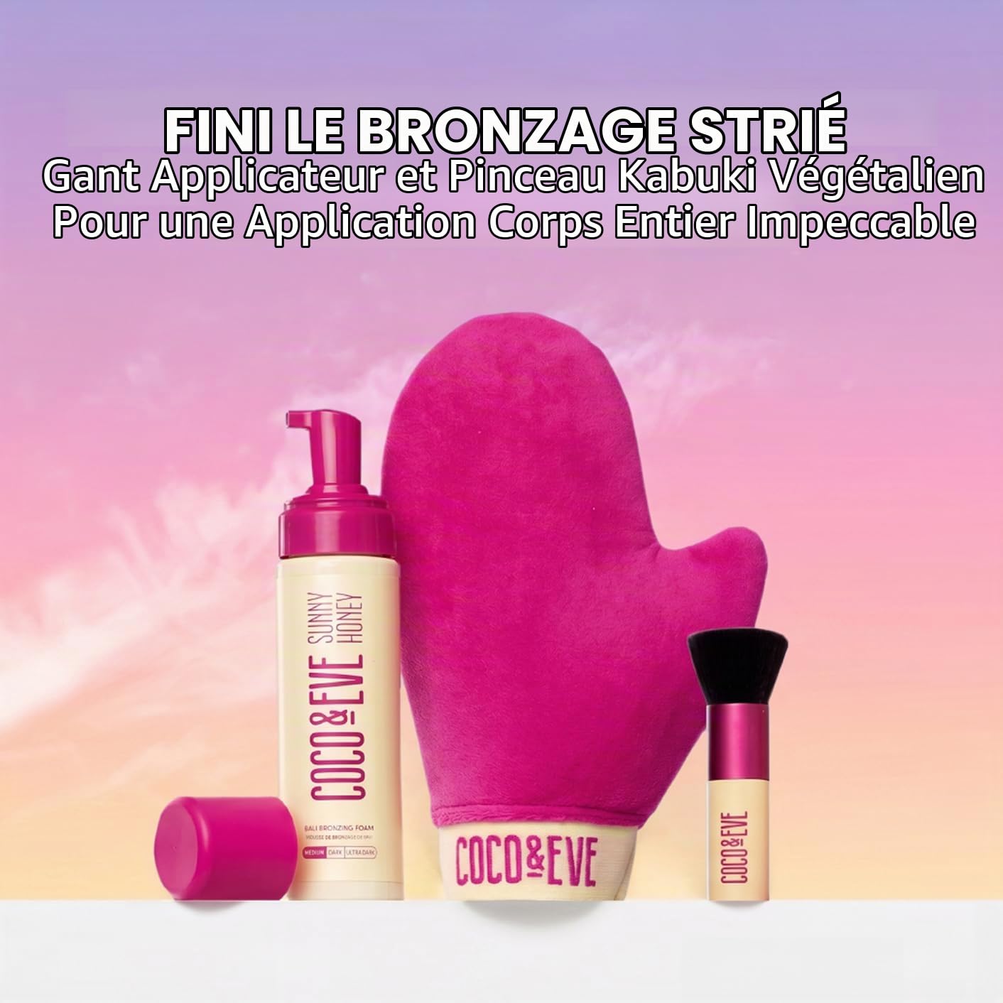 Kit de bronzage Sunny Honey Bali de Coco & Eve (moyen). Mousse de bronzage sans soleil entièrement naturelle. Lotion autobronzante instantanée avec bronzeur, gant applicateur et pinceau kabuki.