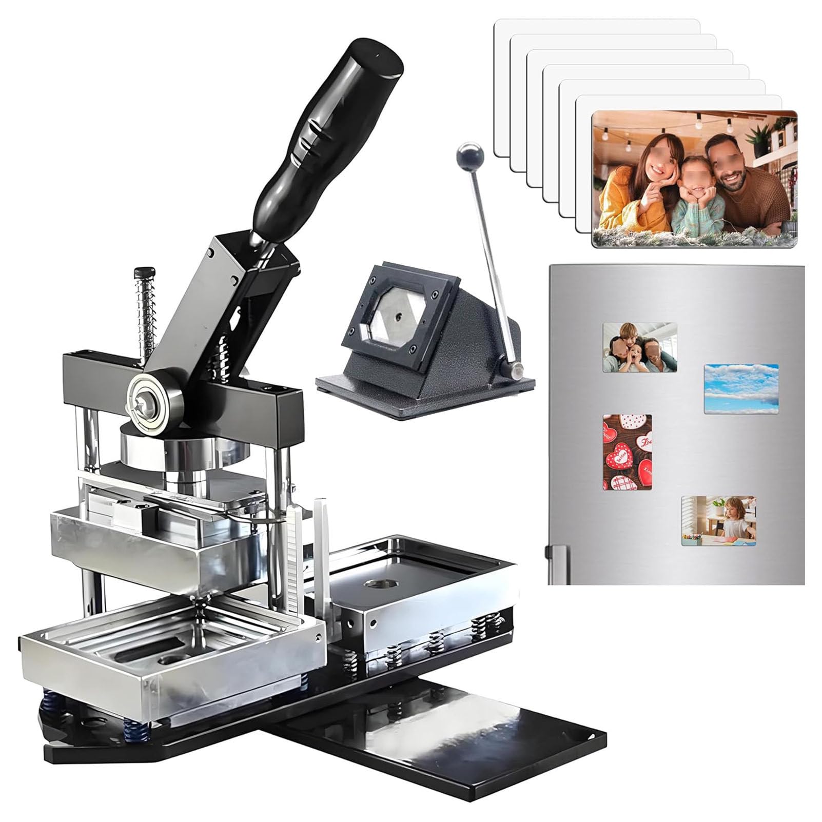 JYBNBBE Badge Maker Machine,Fridge Magnet Button Maker Machine 80 * 53mm90 * 65mm DIY Photo Refrigerator Sticker Rectangle Shape + Paper Cutter + 100pcs Component for Picture Badge Button, Gift But