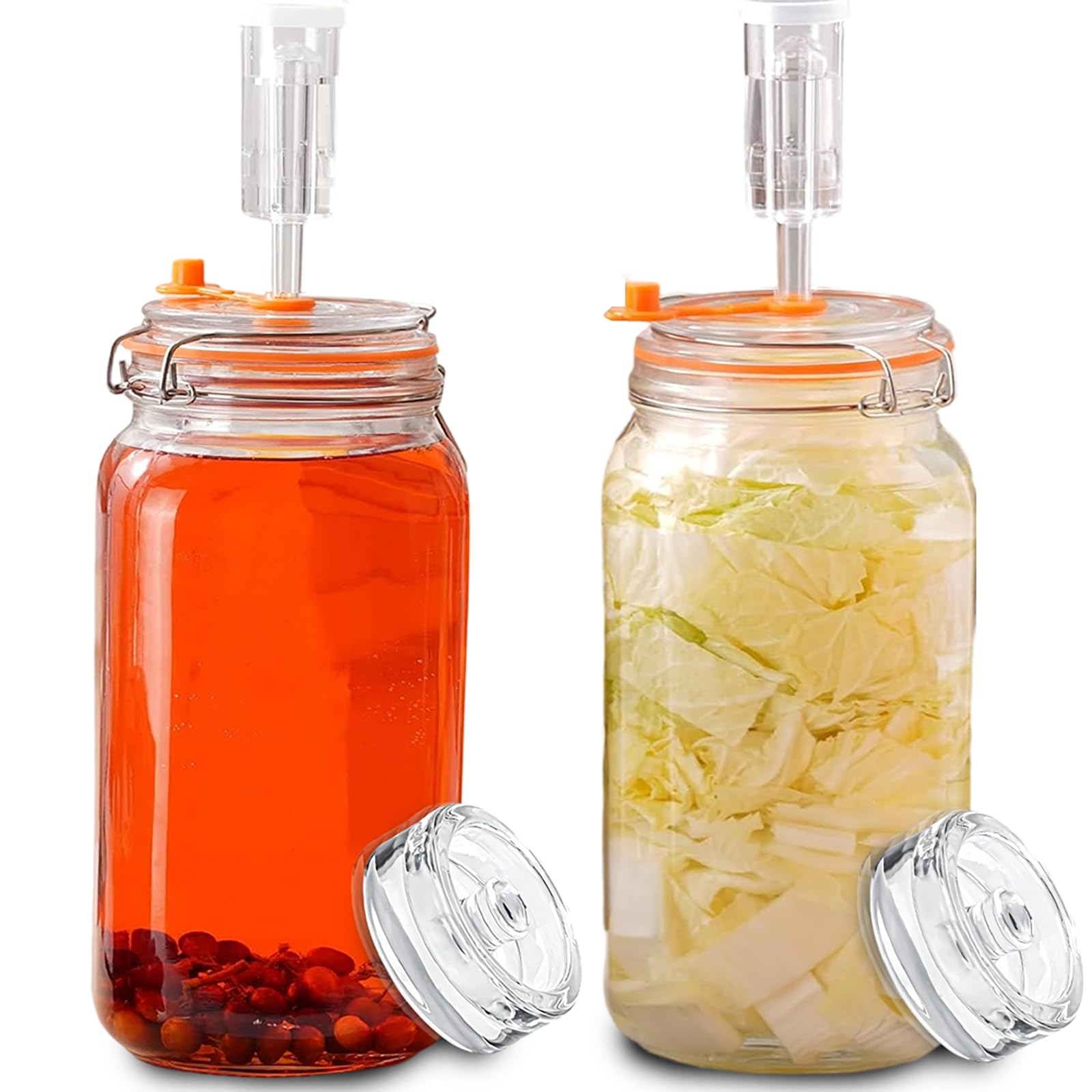 Lot de 2 bocaux de fermentation de 2 l/64 oz, avec valve de fermentation, large bouche, verre de fermentation avec poids, kit de fermentation pour kimchi, choucroute, kéfir, légumes