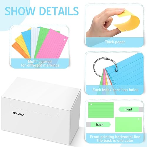 Miniatura 10 de 300 tarjetas de índice de colores con 6 anillos de 180 GSM, tarjetas de estudio de color neón grueso de un solo agujero, tarjetas de notas de