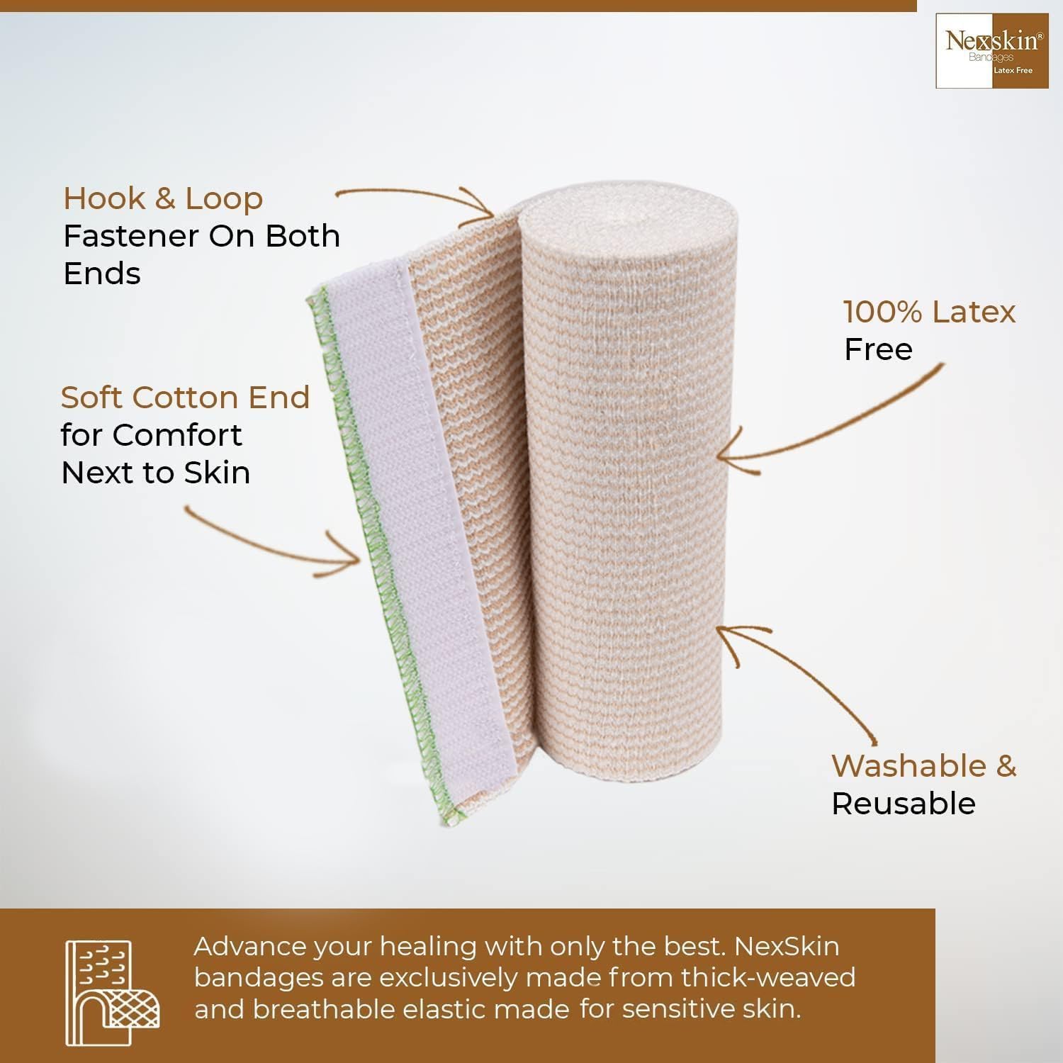 Premium Elastic Bandage Wrap (2” 3" 4" 6" Variety Pack) - Nexskin Latex Free Medical Compression Bandages Hook & Loop Fasteners at Both Ends - Lifetime Washable & Reusable USA Organic Cotton Bandage