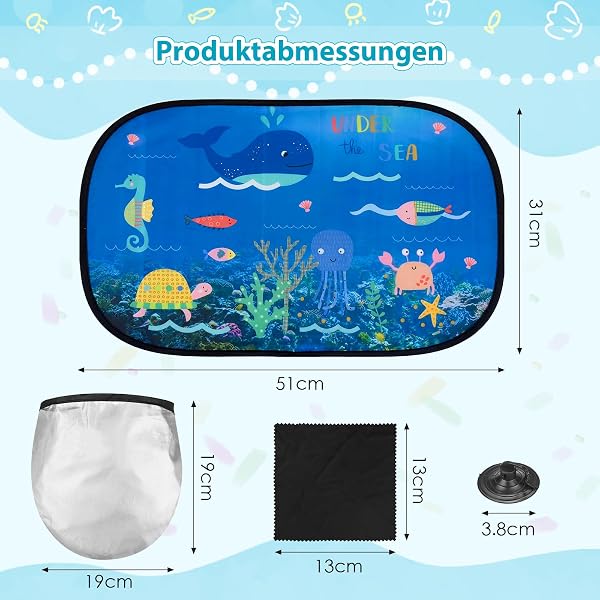 2 Stück Sonnenschutz Auto Baby mit UV Schutz, 51x31cm Sonnenblende Auto Kinder mit Aufbewahrungsbeutel 8 Saugnäpfen, Unterwasserweltmuster Auto Sonnenschutz Geeignet für Alle Fahrzeugtypen - 2