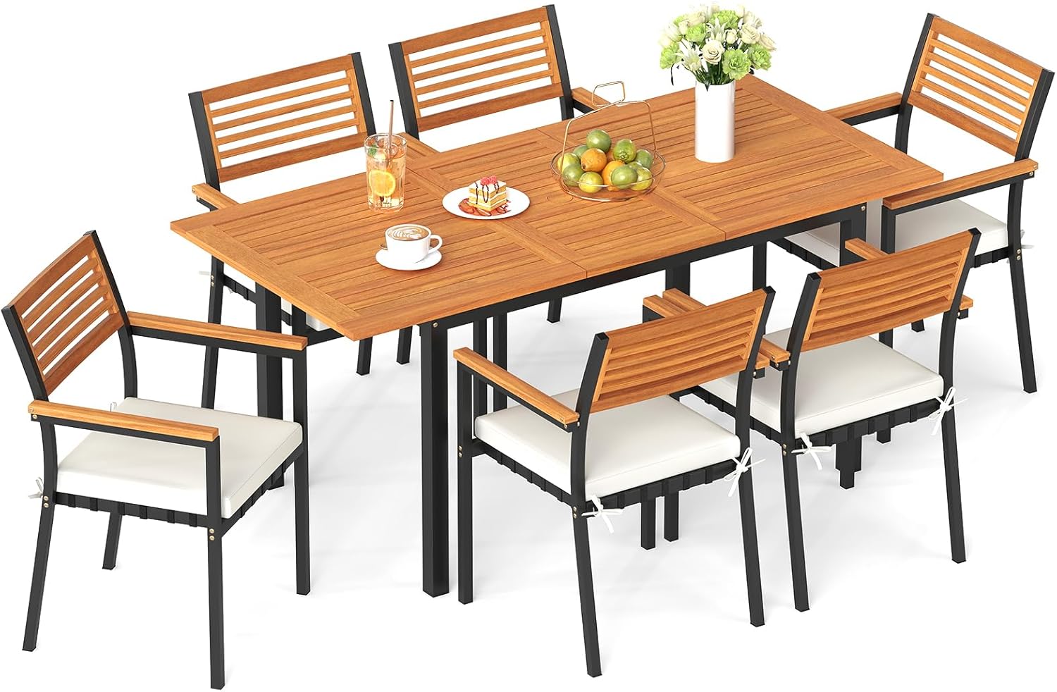 Tangkula 7 Piece Patio Dining Set, Outdoor Acacia Wood Cushioned Chairs and 51”-64” Expandable Rectangular Table Set, with Umbrella Hole, 6 Stackable Armchairs, for Poolside Garden (Off White)