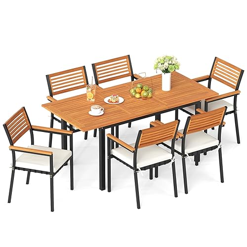 Tangkula 7-Piece Patio Dining Set, Outdoor Acacia Wood Cushioned Chairs