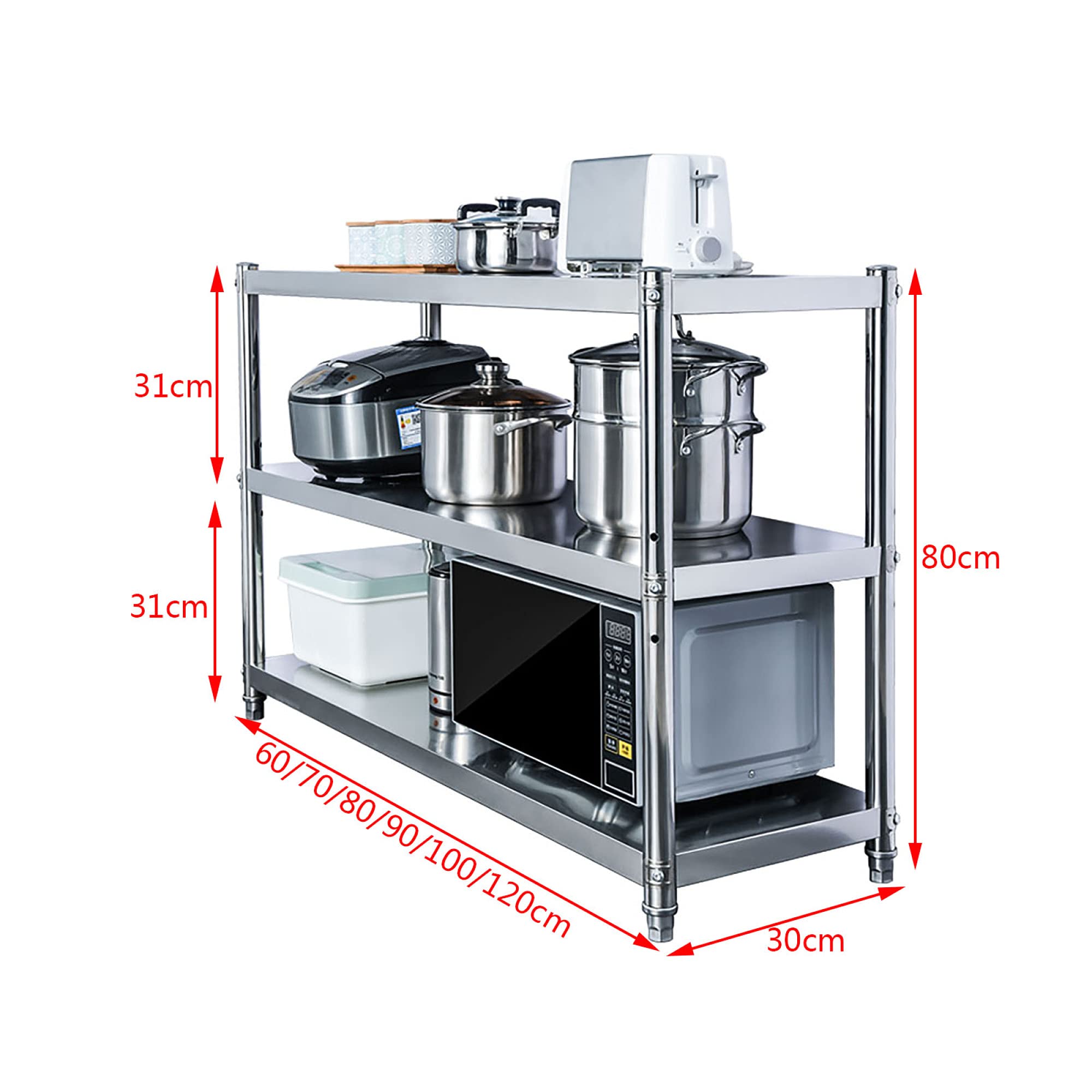 3-Stufige Regalregale, Edelstahl Mikrowellenherd, KüChen-Catering-Tisch, Geeignet FüR Pantry-KüChe, BüRo, Wohnzimmer, Badezimmer/Silber / 60cm