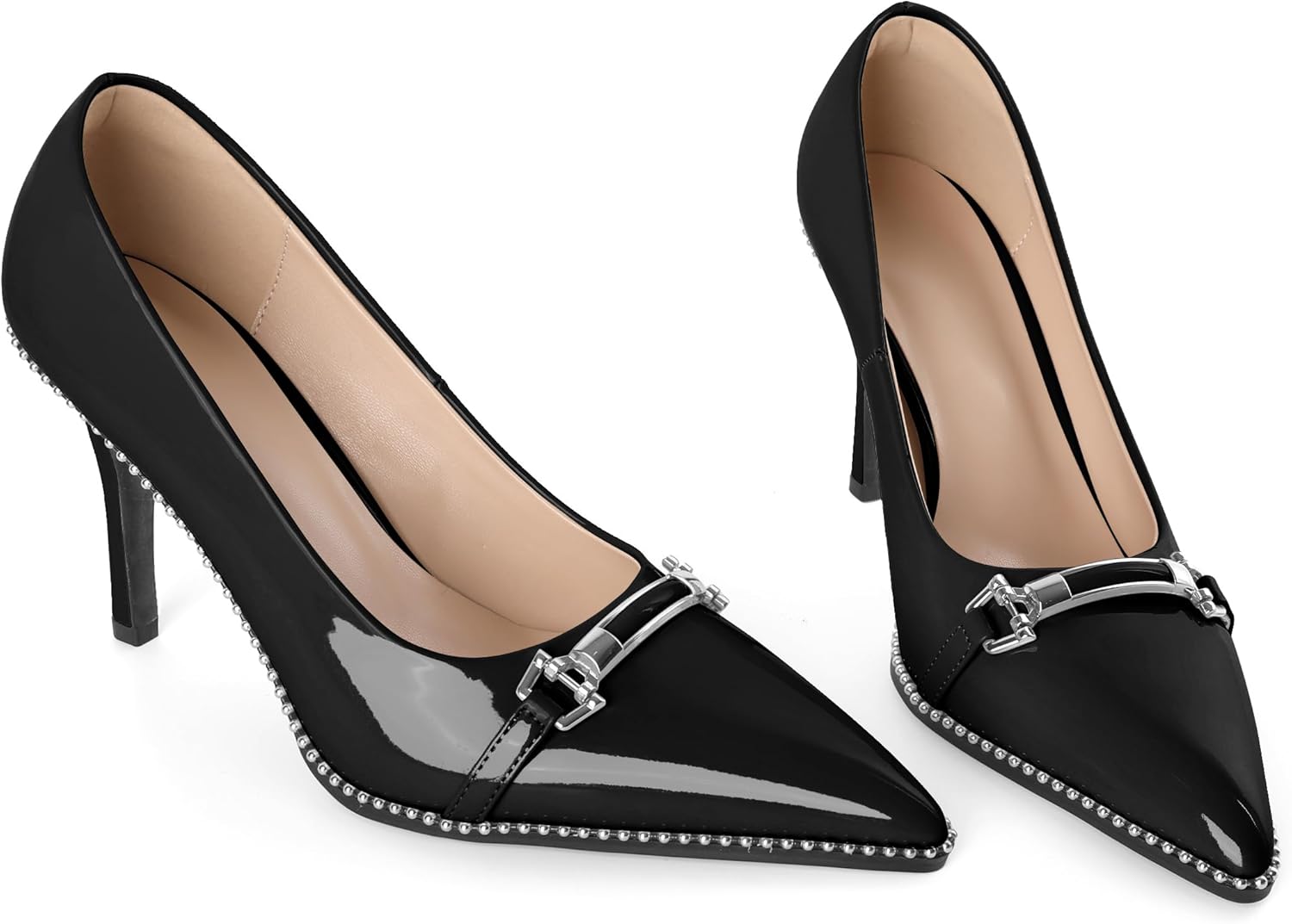 Women's Stiletto Heels Pointed Toe Pumps High Heels with Metal Buckle Classic Dressy Heels for Date Event 3.5" Black Patent Leather US Size 8.5