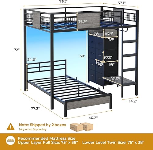 Miniatura 2 de ADORNEVE Litera de tamaño individual sobre individual con 8 cajones de almacenamiento, literas individuales con luces LED y estantes de