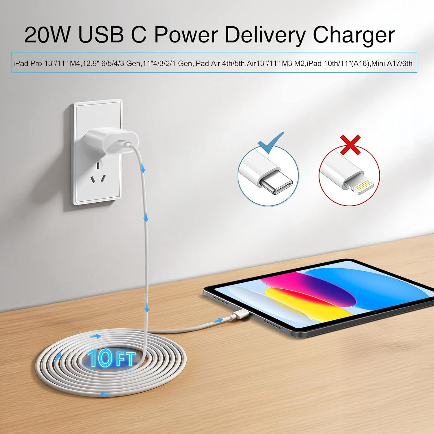 USB C Fast Charger for iPad 10th/11th (A16) Generation,iPad Air 5th/4th/13/11 inch M3 M2,iPad Pro 12.9 6h/5th/4th/3rd,13/11 M4,Mini A17,20W Wall Charger with 10FT Long Type C Fast Charging Cord Cable - Image 2